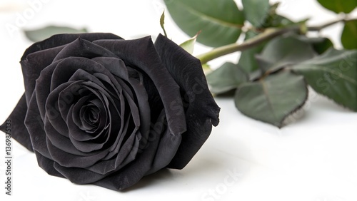Luxury Single Black Rose with Velvety Petals, Isolated on a White Background, symbolizing mystery, elegance, and uniqueness, High-Resolution Elegant Floral Stock Photo
