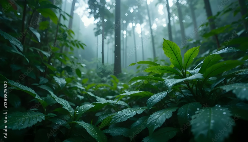 Fototapeta premium Lush Tropical Jungle with Vibrant Greenery and Sunlit Path