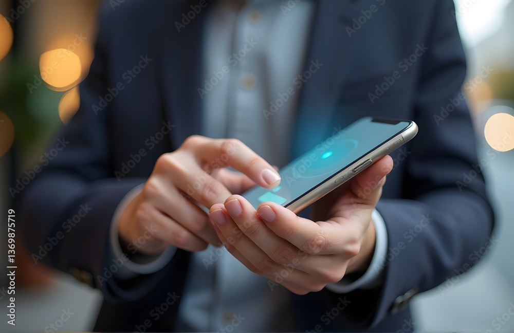 Male Hands Touch Smartphone Screen To Use Mobile Banking App For Easy Money Transfers From Anywhere. Male Hands Touch Smartphone Screen To Use Mobile Banking App For Easy Money Transfers From Anywhere.