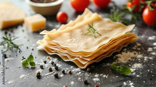 Dried uncooked lasagna pasta sheets with fresh tomato, italian cuisine ingredients, traditional cooking, homemade meal preparation, authentic mediterranean food