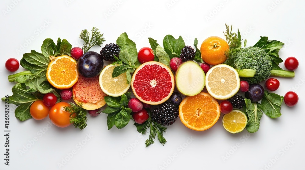 Naklejka premium Healthy eating concept, fresh fruit and vegetables arranged symmetrically.