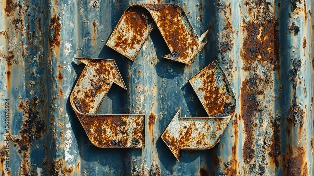 Close-up of a recycling symbol etched into a metal container, rust and scratches adding texture to the surface.