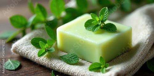 Wallpaper Mural Lush green eucalyptus and herbs surround a handcrafted soap bar on a coarse linen cloth , beauty, product shot Torontodigital.ca