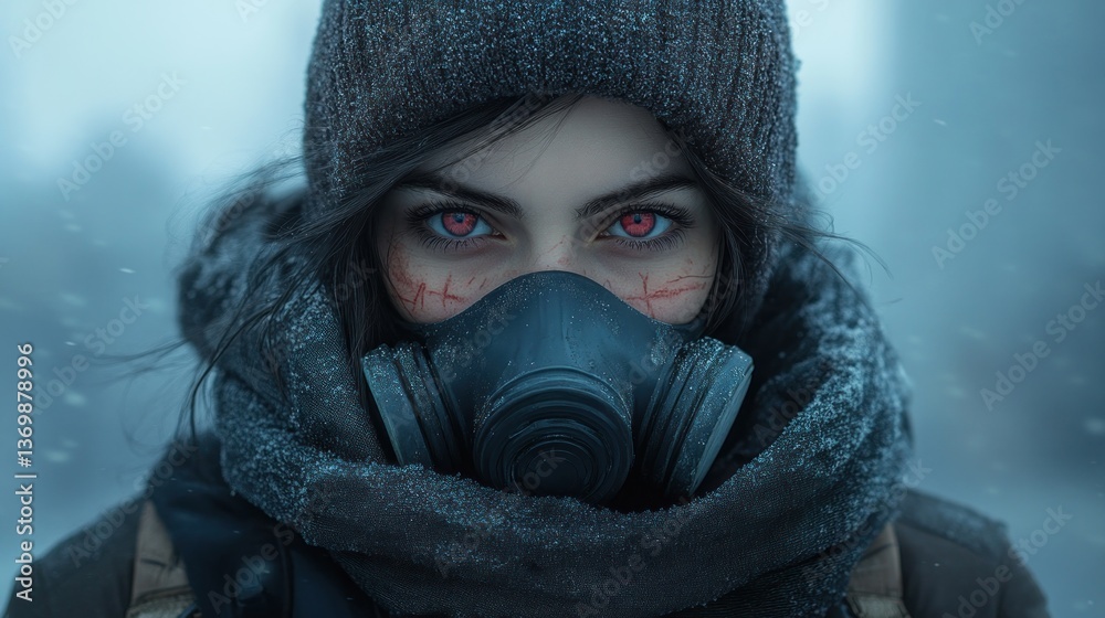 Post-Apocalyptic Survivor: A Woman in a Gas Mask Braving a Frozen Wasteland Post-Apocalyptic Survivor: A Woman in a Gas Mask Braving a Frozen Wasteland
