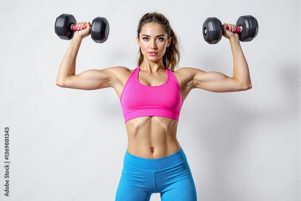 Fit woman lifting dumbbells in a creative style with a clean light background, concept of female strength, fitness, and healthy lifestyle. Ai generative Fit woman lifting dumbbells in a creative style with a clean light background, concept of female strength, fitness, and healthy lifestyle. Ai generative