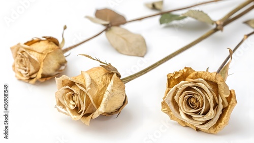 Gold-Painted Dried Roses with Delicate Textures, Isolated on a White Background, perfect for modern home decor and elegant floral styling, Clean and Modern Botanical Stock Photo