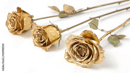 Gold-Painted Dried Roses with Delicate Textures, Isolated on a White Background, perfect for modern home decor and elegant floral styling, Clean and Modern Botanical Stock Photo