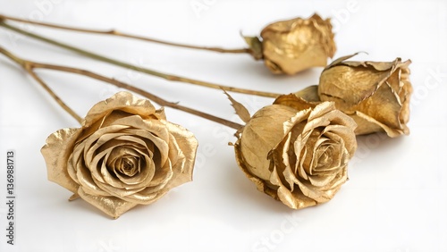 Gold-Painted Dried Roses with Delicate Textures, Isolated on a White Background, perfect for modern home decor and elegant floral styling, Clean and Modern Botanical Stock Photo