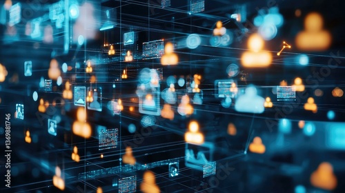 A captivating digital network visualization showcasing interconnected user icons, represented in glowing orange and blue tones, symbolizing communication, technology, and the modern digital landscape.