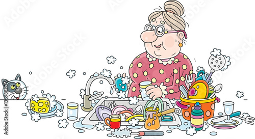 Funny grandma washing up dishes in a kitchen sink after a merry and noisy party with friends, vector cartoon illustration on a white background