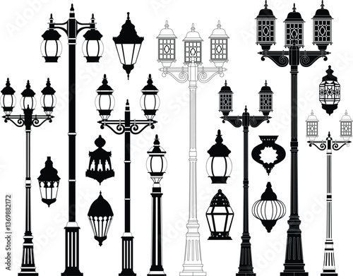 Lamp post, Street lamp vector bundle, Clipart, Silhouette, Vector, icons, illustration, design.