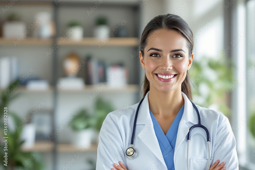 Female doctor with stethoscope smiling confidently, creative style, indoor background with shelves and plants, concept of healthcare professional. Ai generative Female doctor with stethoscope smiling confidently, creative style, indoor background with shelves and plants, concept of healthcare professional. Ai generative