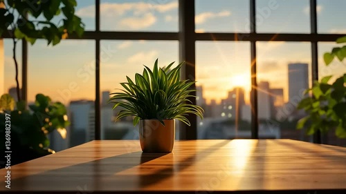 Wallpaper Mural Serene indoor plant basking in sunset light with city skyline in the background, creating a calm atmosphere Torontodigital.ca