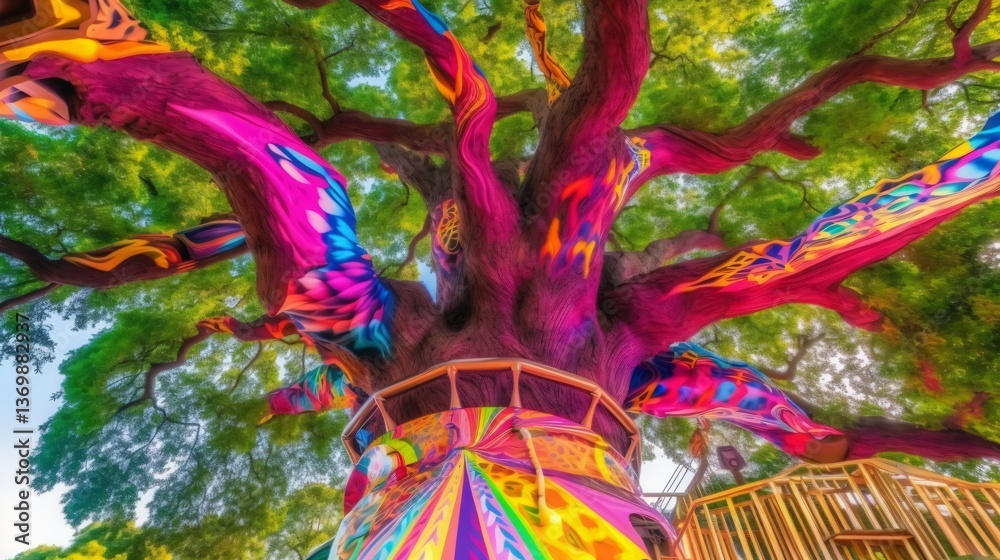 Fototapeta premium Vibrant Painted Tree with Colorful Playground Structure