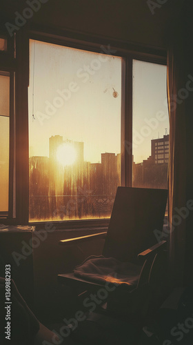夕焼けに染まるノスタルジックな街の風景・90年代ポラロイド写真。風レトロ感のある静かな通り・エモーショナルでセンチメンタルな日常の日本の町並み・美しく儚い瞬間イラスト