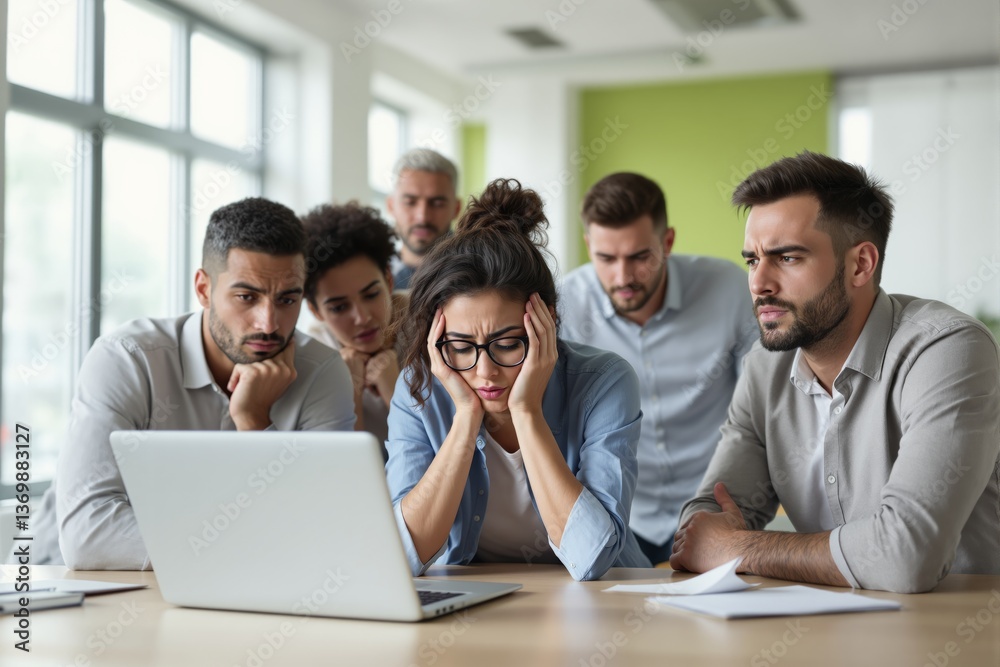Group of stressed office workers gathered around laptop, indoor setting, bright modern background, concept of teamwork stress and workplace problem-solving, Ai generative Group of stressed office workers gathered around laptop, indoor setting, bright modern background, concept of teamwork stress and workplace problem-solving, Ai generative