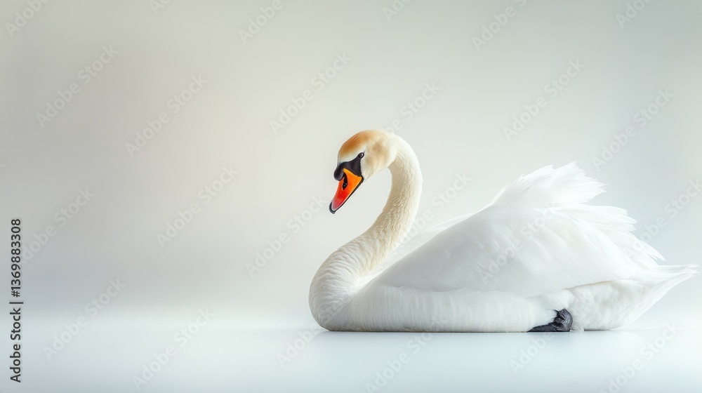 Fototapeta premium Elegant white swan gracefully floating in calm waters, showcasing its serene beauty and delicate features in a minimalist soft background