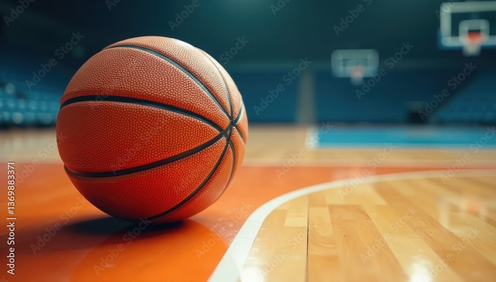 Close-up of basketball on polished court floor, sphere, light
