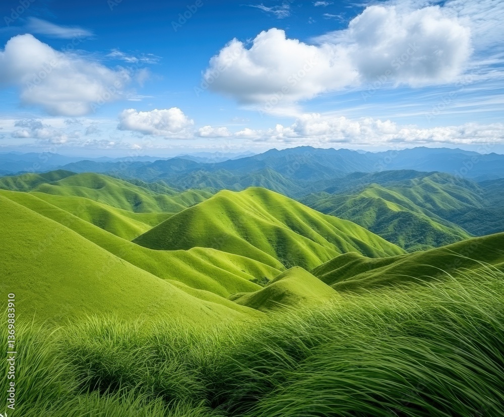 Obraz premium Lush green hills under a bright blue sky