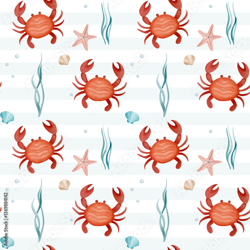 Seamless pattern with watercolor crab. Hand drawn marine animals pattern. Underwater characters.