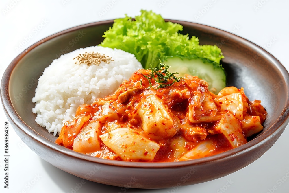 Spicy squid kimchi with rice and lettuce served in a bowl, traditional Korean cuisine Spicy squid kimchi with rice and lettuce served in a bowl, traditional Korean cuisine