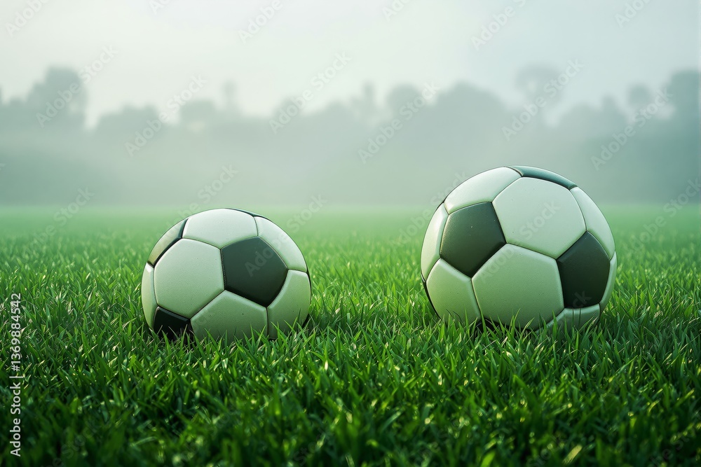 Obraz premium Two soccer balls on grassy field, creative graphic style, misty background of trees and sky, concept of sports training and size comparison. Ai generative