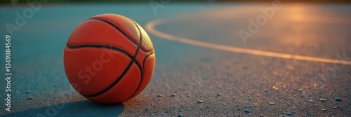 Orange basketball rests on worn asphalt court, aged, pavement, sun