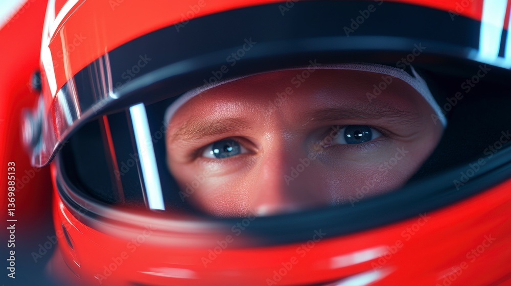 Close-Up of F1 Driver's Helmet Reflecting in Cockpit with Intense Focus and Determination Close-Up of F1 Driver's Helmet Reflecting in Cockpit with Intense Focus and Determination