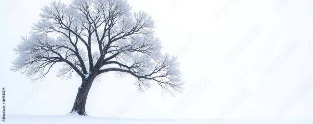 Obraz premium Stark winter tree, branches skyward against pure white , vertical, reaching
