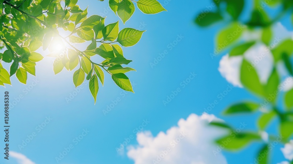 Obraz premium Bright Green Leaves Against Clear Blue Sky