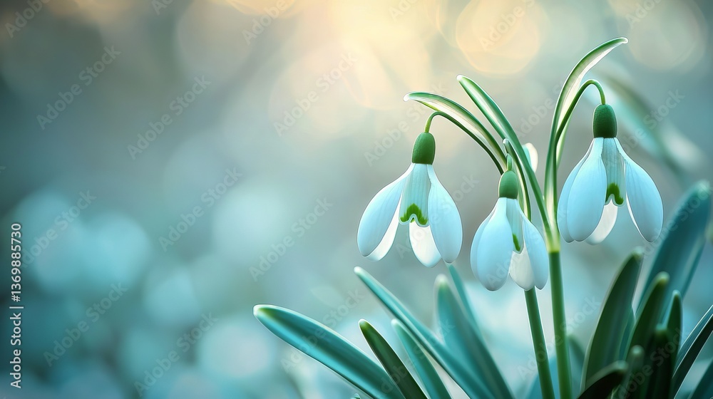 Fototapeta premium Elegant Snowdrop Flowers Blooming in Soft Nature Background