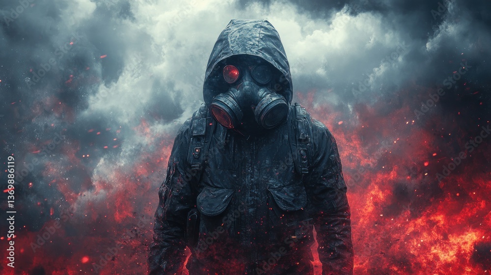 Post-Apocalyptic Survivor: A lone figure braves a fiery, ash-filled landscape, embodying resilience in the face of devastation. Post-Apocalyptic Survivor: A lone figure braves a fiery, ash-filled landscape, embodying resilience in the face of devastation.
