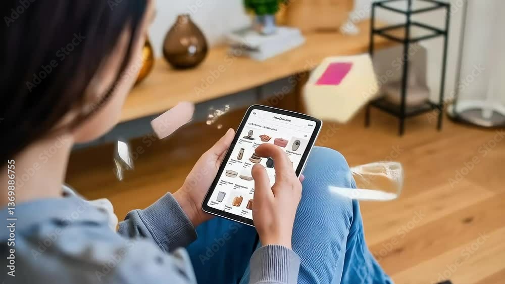 Woman browsing online store on tablet with floating AR icons showing products and interface elements Woman browsing online store on tablet with floating AR icons showing products and interface elements
