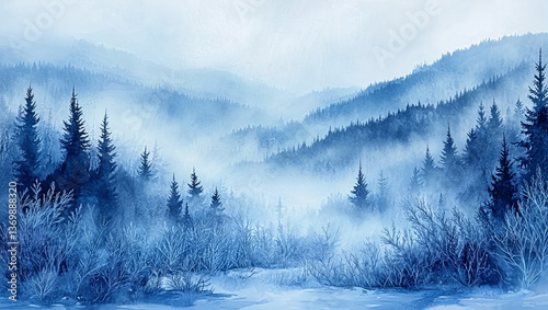 Charming blue-toned landscape illustrating a misty forest on a winter hill; great for use as a background or inspiration for designs celebrating the beauty of frozen wilderness.