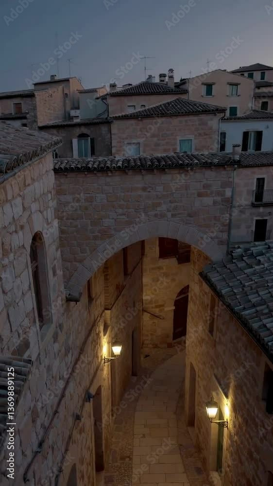 Medieval alleyway at dusk with illuminated lanterns and stone archway captured in progressive sequence Medieval alleyway at dusk with illuminated lanterns and stone archway captured in progressive sequence