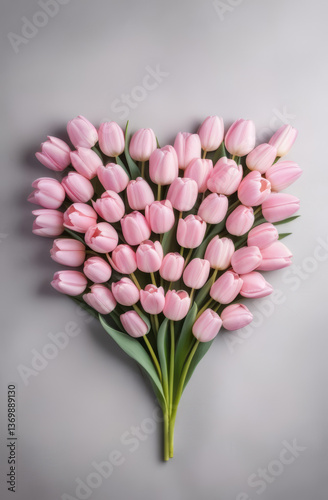 Soft Pink Tulips Forming a Heart Shape on a Gray Background - Romantic Spring Floral Arrangement