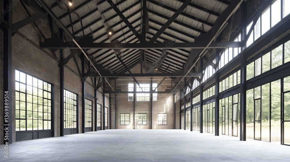 Spacious Industrial Warehouse Interior with Large Windows and Exposed Beams Spacious Industrial Warehouse Interior with Large Windows and Exposed Beams