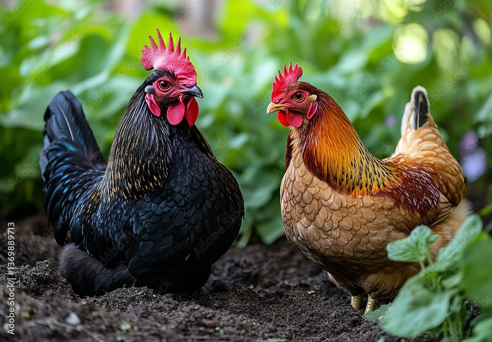 Fototapeta premium Rooster and Hen in Chicken Coop