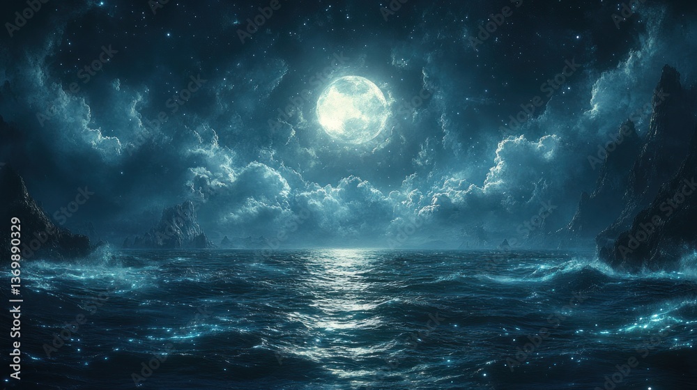 Fototapeta premium Enchanted Moonlight Seascape: A Nighttime Ocean Fantasy