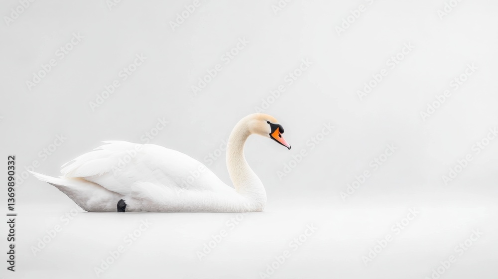 Obraz premium Elegant white swan gliding gracefully on calm water surface with minimalistic background, showcasing the beauty of nature and wildlife tranquility