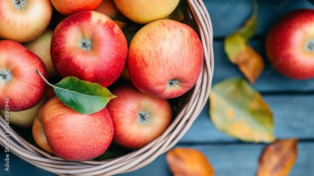 Fresh Red Apples in a Basket Surrounded by Leaves on a Wooden Surface Fresh Red Apples in a Basket Surrounded by Leaves on a Wooden Surface