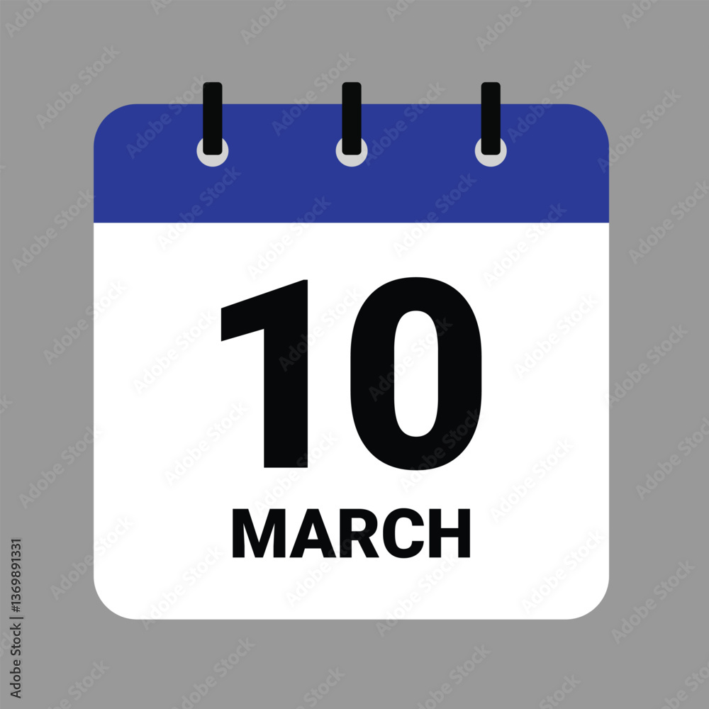 Vector illustration of a calendar icon showing dates and events. MARCH 10 Calendar Icon – Flat Design, Minimalist Date Illustration Vector illustration of a calendar icon showing dates and events. MARCH 10 Calendar Icon – Flat Design, Minimalist Date Illustration