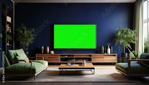 Stylish contemporary living room featuring a green screen TV on a deep blue background

