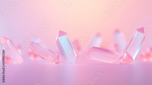 A minimalistic dreamy space scene with floating crystal formations, bathed in pastel neon lights, foreground left clear with soft bokeh glow