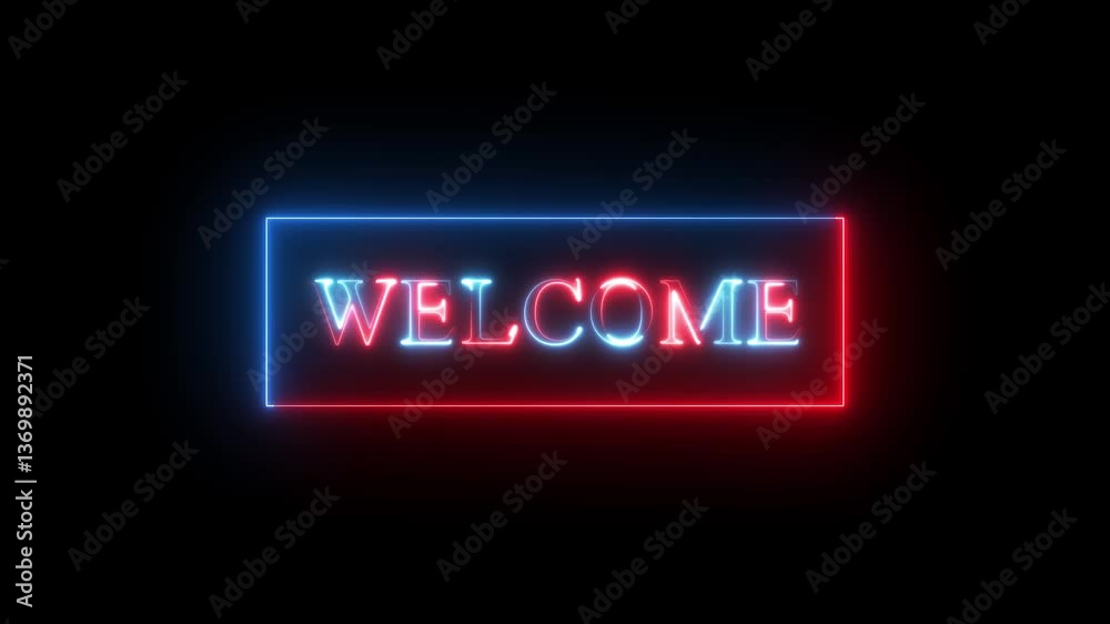 Neon welcome text with neon box animation on black background. Neon welcome text with neon box animation on black background.