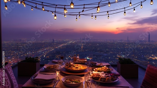 Elevated dining experience with city panorama at dusk under string lights