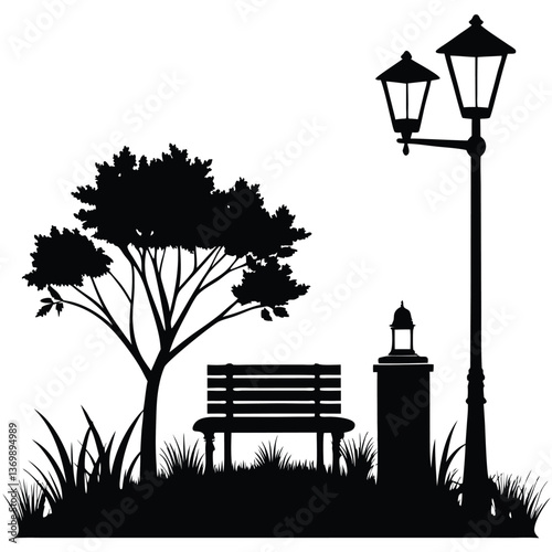 A black and white drawing of a park bench with street lamps and a lamp