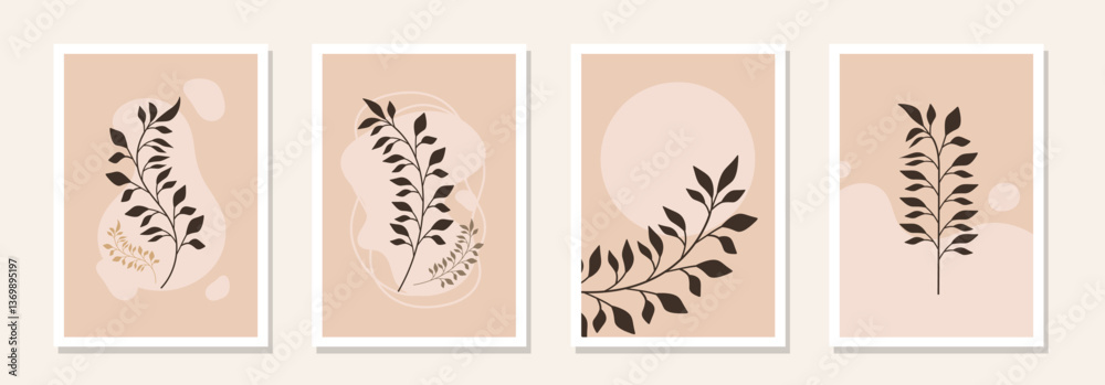 Obraz premium Abstract organic posters. Fluid organic shapes, neutral natural colors. Trendy contemporary collage artistic prints. Mid Century Modern design. Plant abstraction posters.Grungy textures. EPS10 vector