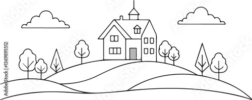 house perched on a hill, surrounded by lush trees and a backdrop of fluffy clouds in a clear blue sky continuous line art flat illustration. Free Vector
