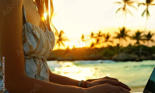 a woman typing with a laptop on her feet with a beach and sunshine atmosphere Video animation